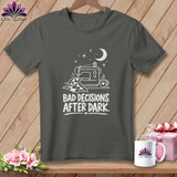 Dark gray t-shirt with white graphic of sewing machine, quilt, moon, and text 