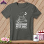 Dark gray t-shirt with white graphic of sewing machine, quilt, moon, and text "Bad Decisions After Dark."