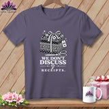 T-shirt with stack of fabric, scissors, tape measure, and text 