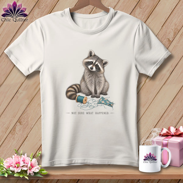 T-shirt graphic featuring a raccoon with sewing supplies and the text "NOT SURE WHAT HAPPENED."