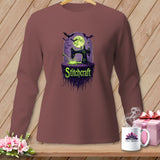 Brown long-sleeve shirt with a Halloween-themed graphic of a sewing machine and bats.