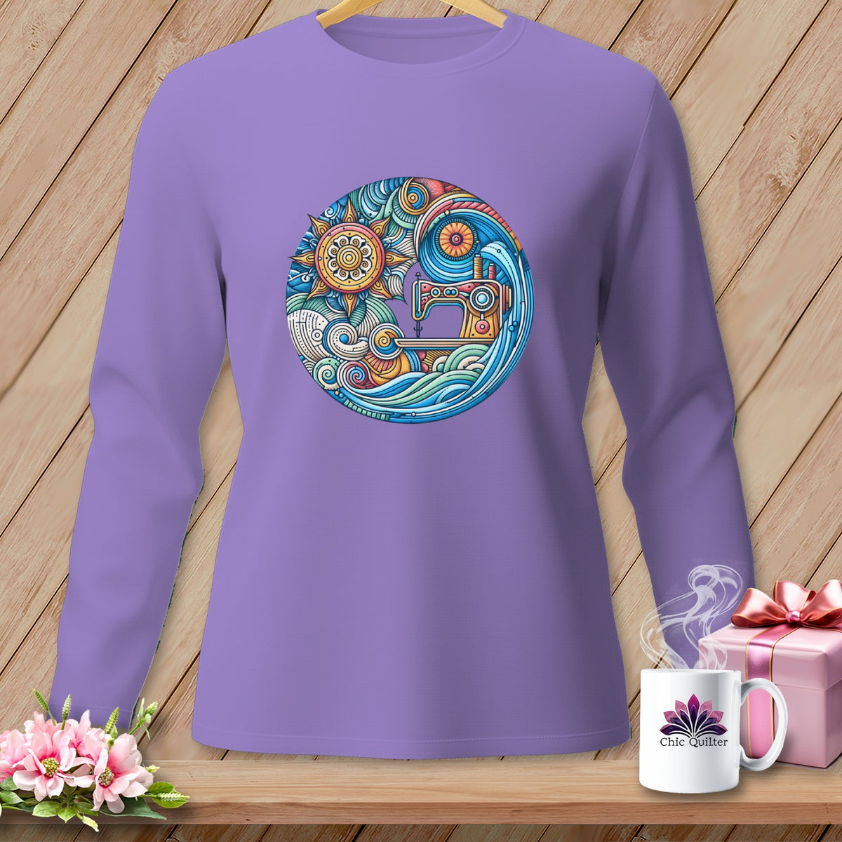 Purple long-sleeve shirt with a circular design of a sewing machine and sun.