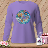 Purple long-sleeve shirt with a circular design of a sewing machine and sun.