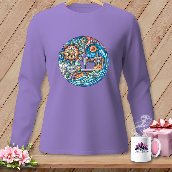Purple long-sleeve shirt with a circular design of a sewing machine and sun.
