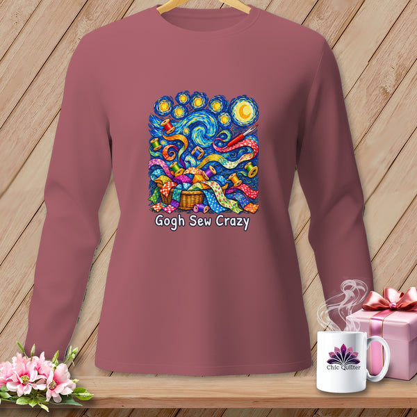 Long-sleeved shirt with "Gogh Sew Crazy" sewing design and moon.