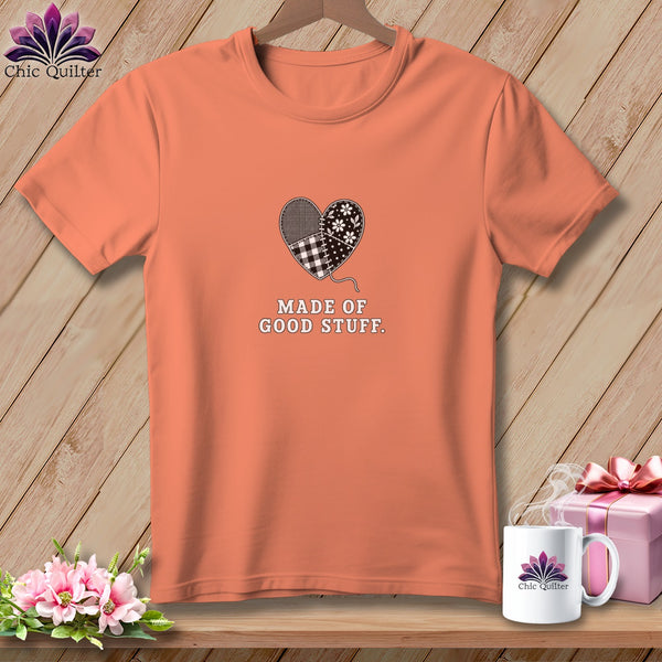 Peach t-shirt with a quilted heart graphic that reads "MADE OF GOOD STUFF."