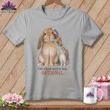Grey t-shirt with two rabbits, one with a patchwork ear, and text 