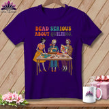 Skeleton quilters around a table with the text 