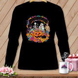 Black long-sleeve shirt with a Halloween quilting graphic and text 
