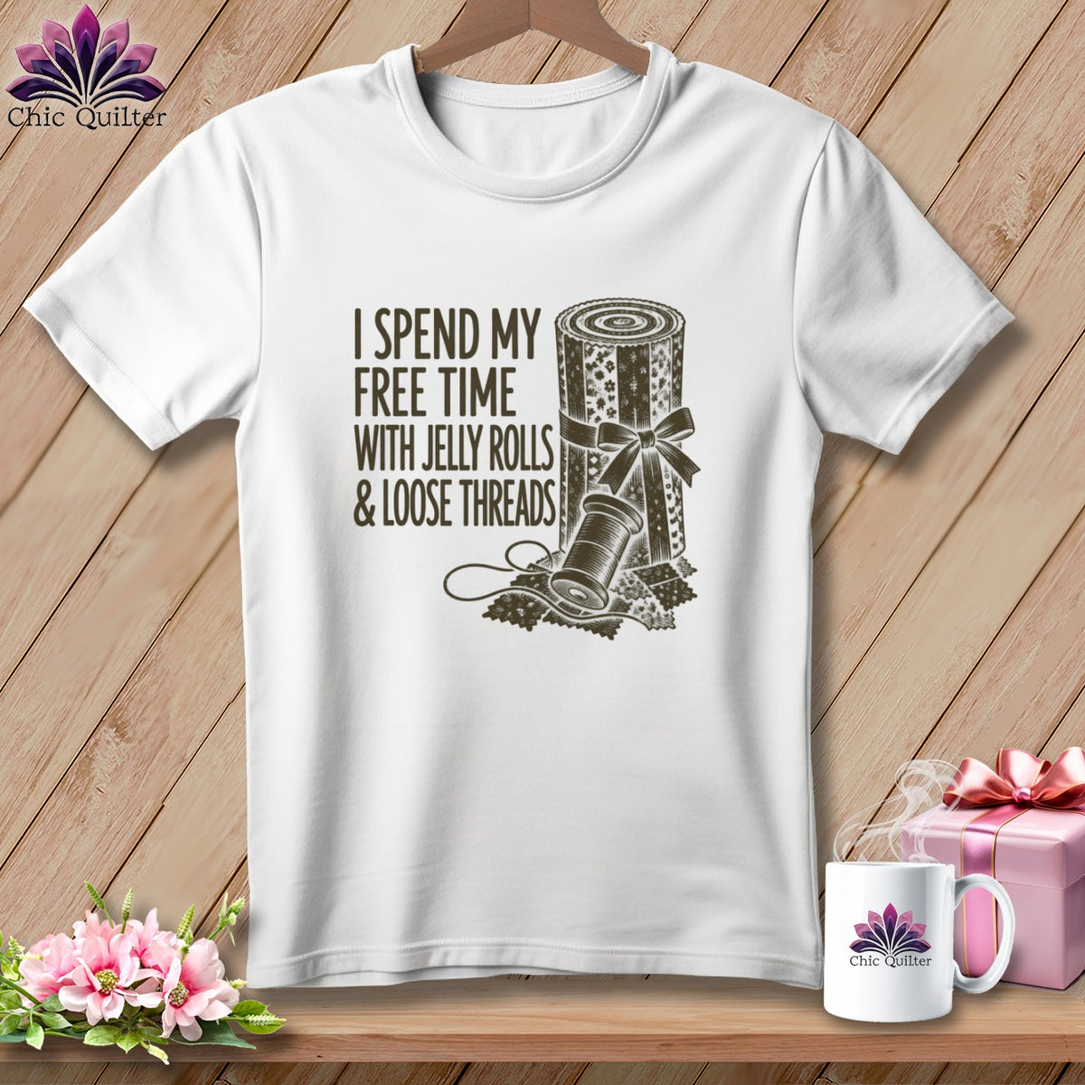 White t-shirt with "I spend my free time with jelly rolls & loose threads" text and illustration.