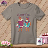 T-shirt with cartoon of two women, one with a spool of thread, the other with a saw blade.