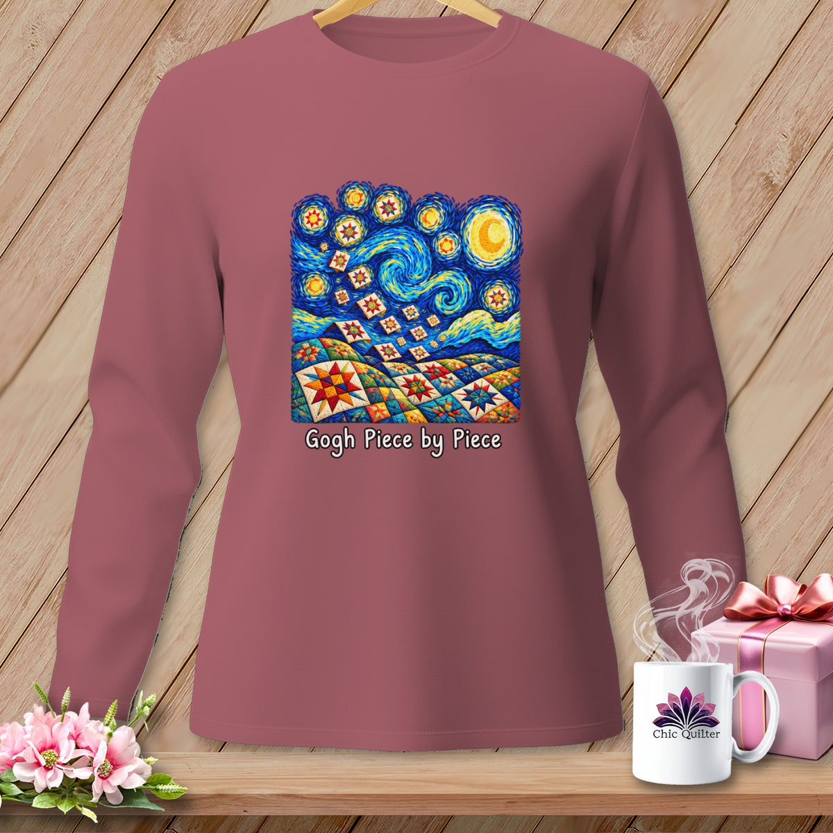 Long-sleeve shirt featuring a quilt-inspired Van Gogh starry night design and text.