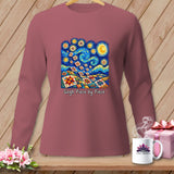 Long-sleeve shirt featuring a quilt-inspired Van Gogh starry night design and text.
