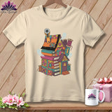 T-shirt graphic of a whimsical house built from books, thread spools, and quilting pieces.
