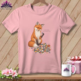 Pink t-shirt with a fox holding a patchwork triangle, text 
