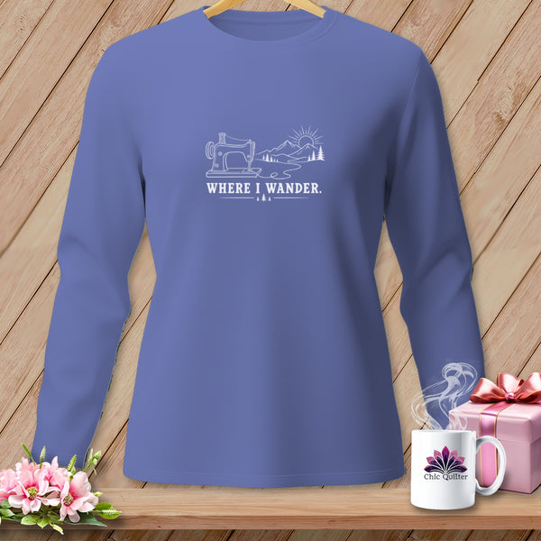 Long sleeve t-shirt with sewing machine, mountains, and "WHERE I WANDER" text design.
