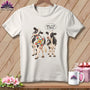 Two cows, one with a quilt patch on its hindquarters, with speech bubble.