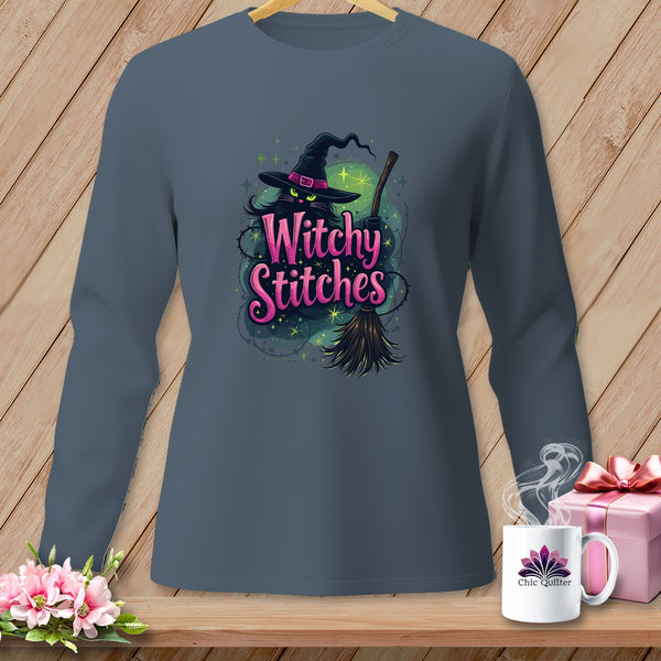 Long sleeve shirt with a black cat witch graphic and "Witchy Stitches" text.