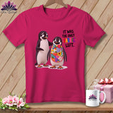 Pink t-shirt with two penguins and text 