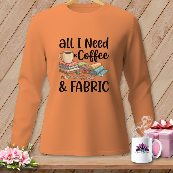 Orange long-sleeve shirt with "All I Need is Coffee & Fabric" graphic.