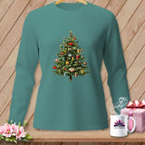 Teal long-sleeve shirt with a Christmas tree decorated with spools of thread and sewing notions.
