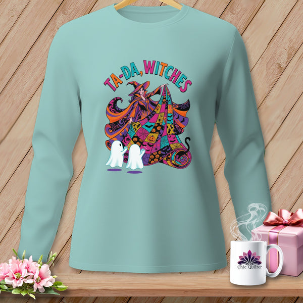 Light blue long-sleeve shirt with "TA-DA, WITCHES" and Halloween-themed art.