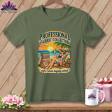 Olive green t-shirt featuring a retro beach graphic with text reading 