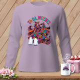Purple long-sleeved shirt with witch, ghosts, and text 