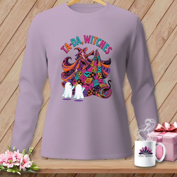 Purple long-sleeved shirt with witch, ghosts, and text "TA-DA, WITCHES".