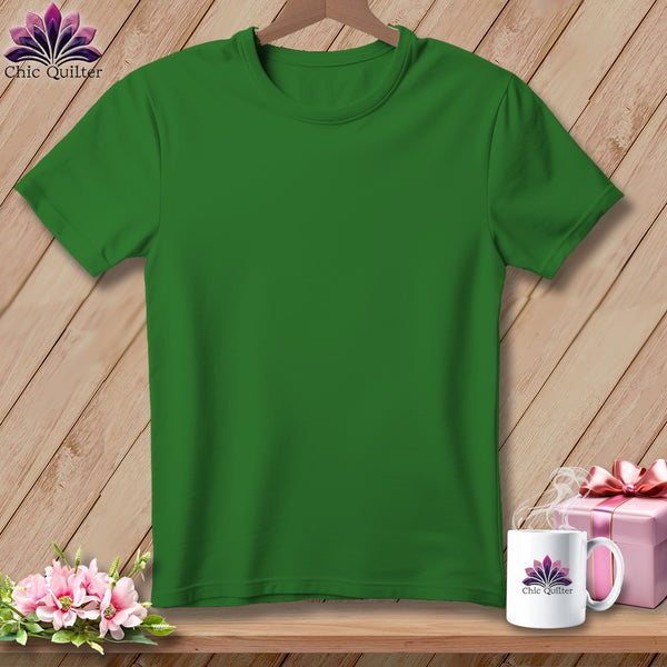 Green t-shirt with Chic Quilter logo on mug and gift wrap.