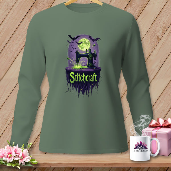 Green long-sleeve shirt with "Stitchcraft" text and Halloween sewing machine graphic.