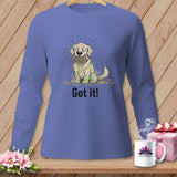 Long sleeve shirt with a cartoon dog tangled in colorful yarn and the text 