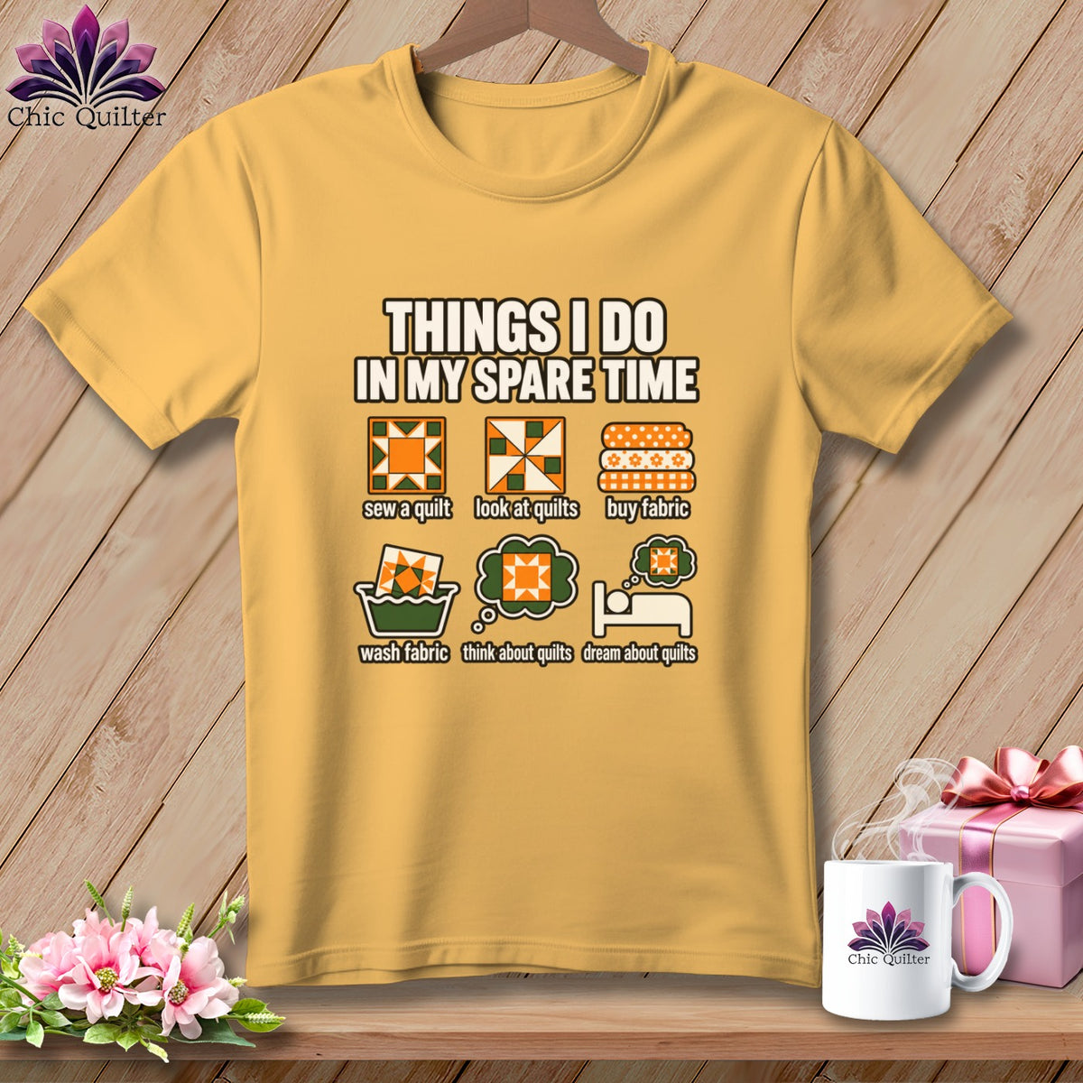 Mustard yellow t-shirt with quilting-themed graphics and text reading things i do in my spare time.