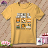 Mustard yellow t-shirt with quilting-themed graphics and text reading things i do in my spare time.