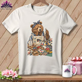Bear with sewing machine, fabric scraps, and mug reading 