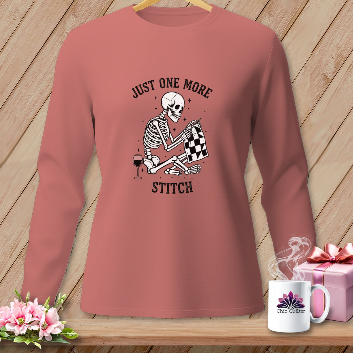 Skeleton stitching, "Just One More Stitch," with wine glass on long sleeve shirt.