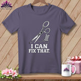 T-shirt with scissors, thread, and text 