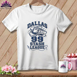 White crewneck t-shirt with blue graphic text reading Dallas 99 Stash League and a cowboy hat.