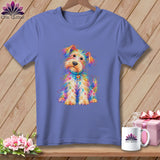 Blue t-shirt featuring a colorful, sketchy illustration of a scruffy dog on a wooden background.