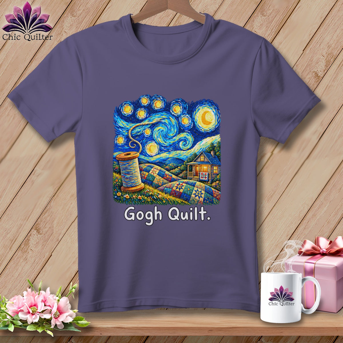 Purple t-shirt with "Gogh Quilt" design featuring a spool of thread and a quilted landscape under a starry sky.