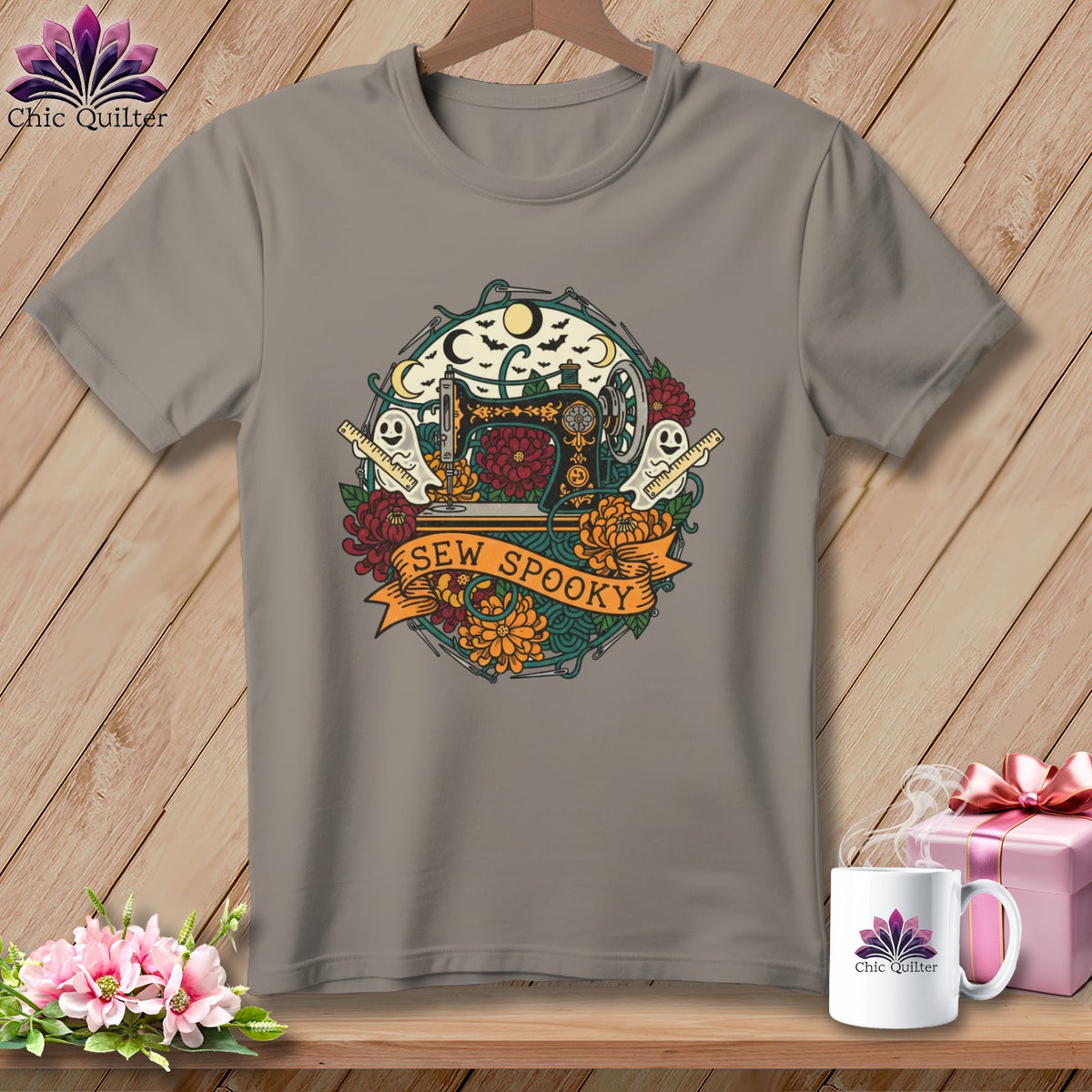 Gray t-shirt with "SEW SPOOKY" text and Halloween-themed sewing machine graphic.