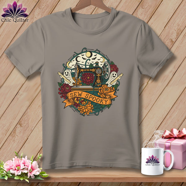 Gray t-shirt with "SEW SPOOKY" text and Halloween-themed sewing machine graphic.