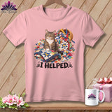 Pink t-shirt with a tabby cat sitting on quilts and fabric scraps, text 