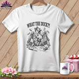 A white t-shirt featuring a cartoon duck holding up a torn patchwork quilt with the text WHAT THE DUCK?!