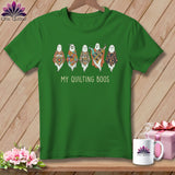 Green t-shirt with five quilted ghosts and text 