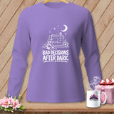 Lavender long sleeve shirt with sewing graphic and text 