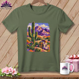 An olive green t-shirt with a colorful desert scene graphic featuring a cactus and purple mountains.