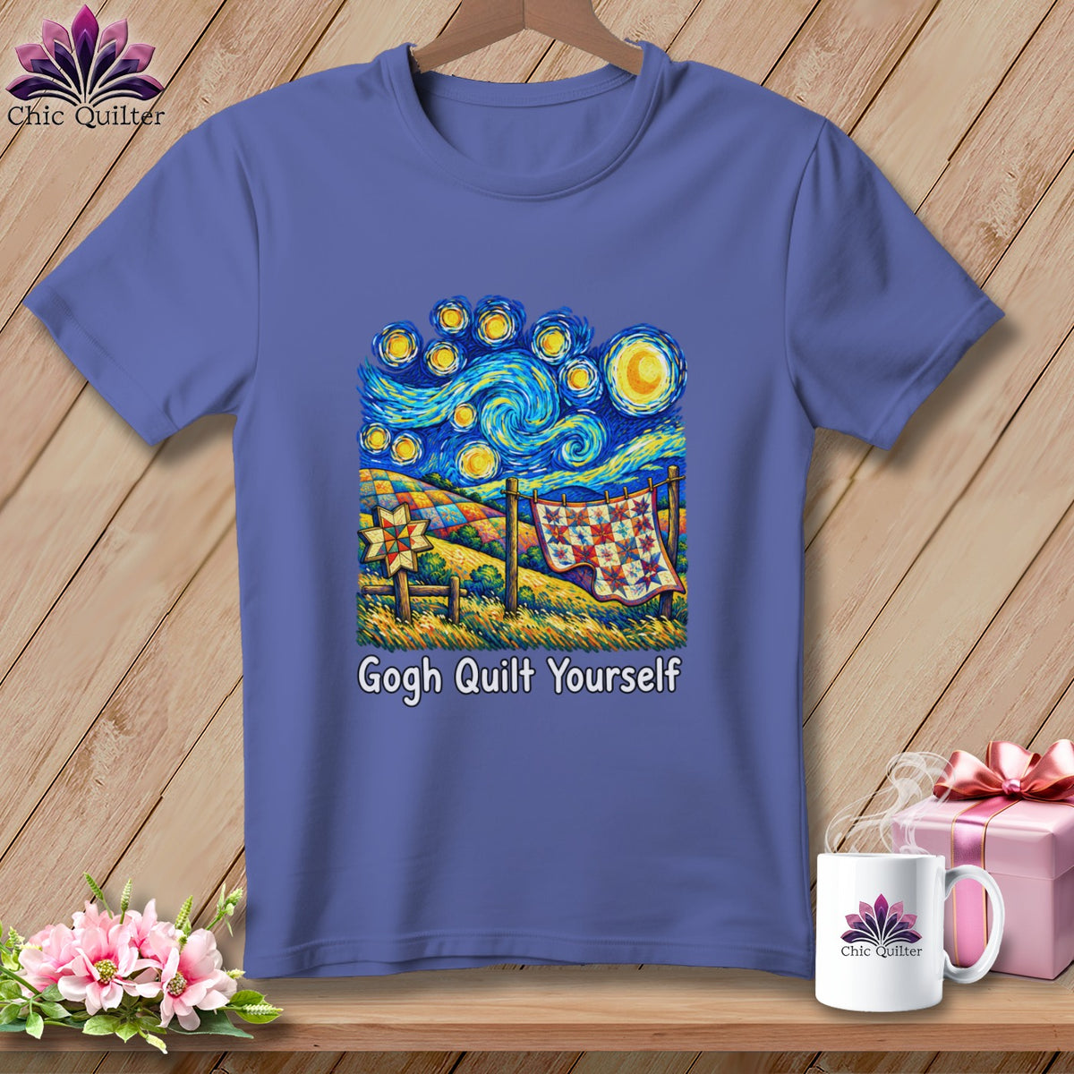 Purple t-shirt with a "Starry Night" inspired design featuring quilts and the text "Gogh Quilt Yourself."