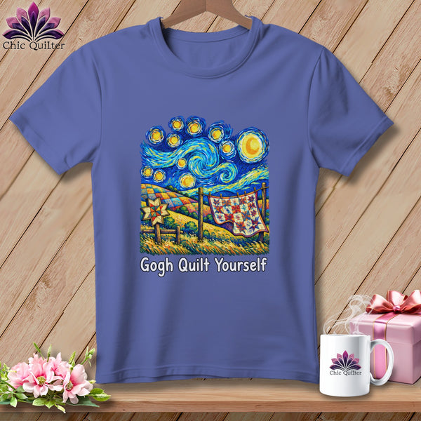 Purple t-shirt with a "Starry Night" inspired design featuring quilts and the text "Gogh Quilt Yourself."