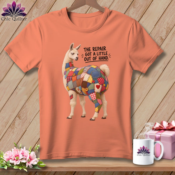 Peach t-shirt with a llama graphic and the text "The repair got a little out of hand."